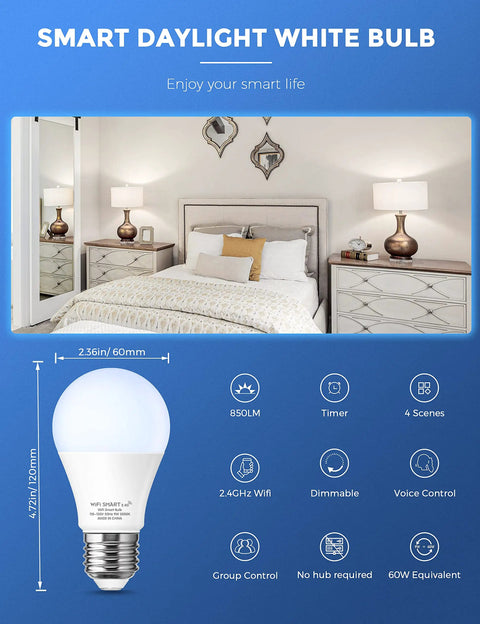 Smart A19 LED Bulb With WiFi Works With Alexa Google Home And Siri Daylight 5000K 850LM 9W Dimmable Voice Control in bedroom