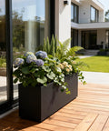 Rectangular Metal Planter Box 36x12x16 Matte Black With Insert Shelf, Drainage Holes And Bottom Water Collection Tray on patio