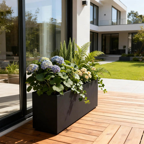 Rectangular Metal Planter Box 36x12x16 Matte Black With Insert Shelf, Drainage Holes And Bottom Water Collection Tray on patio