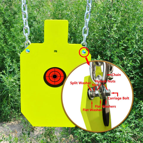 AR500 Steel Target Silhouette With Four Inch Bullseye Reactive Center Gong shown with chain and attachment details
