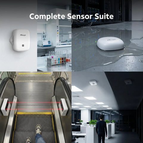 Smart Home Sensor Kit With Gateway Router For Connected Spaces, Plug And Play, Door Window Sensor, Temperature And Humidity Monitor, Water Leak Detector, Motion Sensor, Call Button, Customer Satisfaction Panel And Traffic Counter installed in office and lab