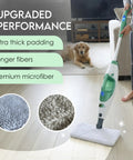 Pro Grade Replacement Microfiber Pads For Steam Mops 4 Pack in use on hardwood floor, with extra thick padding and premium microfiber.