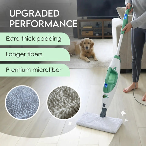 Pro Grade Replacement Microfiber Pads For Steam Mops 4 Pack in use on hardwood floor, with extra thick padding and premium microfiber.