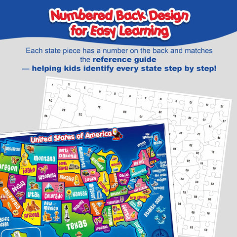 Map Puzzle For Kids Ages 4 To 8 With 50 State Shaped Pieces 103 Piece USA Map Floor Puzzle Large 18x24 Learning Toy featuring numbered back design for easy learning.