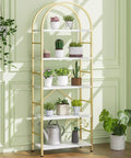 Clean Vibe Five Tier Arched Bookshelf With Brushed Gold Finish And No Hassle Assembly, solid storage rack with plants.
