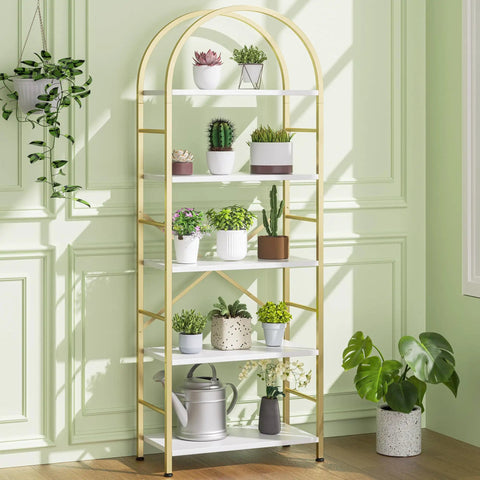 Clean Vibe Five Tier Arched Bookshelf With Brushed Gold Finish And No Hassle Assembly, solid storage rack with plants.