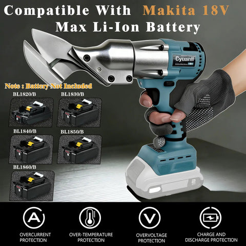 Cordless 14 Gauge Sheet Metal Cutter With 360 Degree Pivoting Head And 400Nm Brushless Motor Electric Metal Shears For Stainless Steel Leather Carpet And Iron Compatible With 18V Batteries Tool Only shown held in hand.