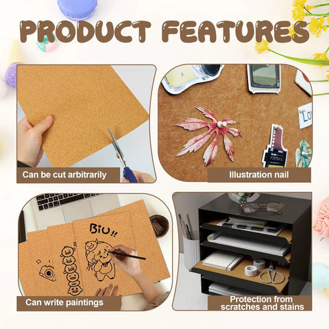 Product features for Ten Piece Natural Cork Self Adhesive Sheets Eight Point Three By Eleven Point Seven Inches One Millimeter Thick.
