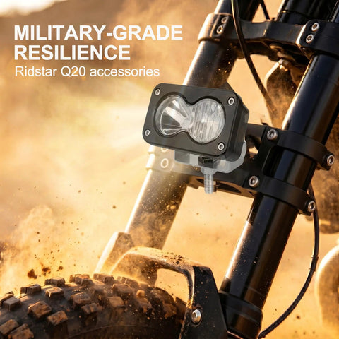 Off Road Ebike Headlight For 3 Pin Julet Systems IP68 Waterproof Front Lamp on Ridstar Q20 in dusty terrain