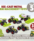 Five Piece Green Die Cast Farm Machinery Toys Set with mini tractors and harvesters, corn combine harvester, durable metal play vehicles