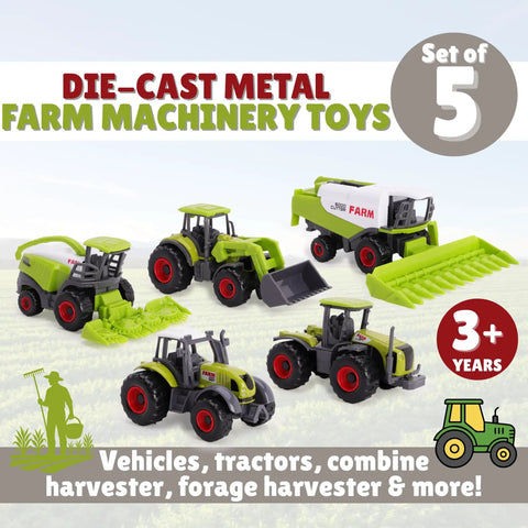 Five Piece Green Die Cast Farm Machinery Toys Set with mini tractors and harvesters, corn combine harvester, durable metal play vehicles