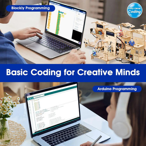 5 In 1 ESP32 STEM Kits For Kids Aged 8 To 12 Wooden 3D Puzzle Toys That Build Cool Smart Home Projects Educational Science And Coding Kit For Students Engineering Model Kit Gift For Teens Boys And Girls Hands On Learning Fun; child coding on laptop beside wooden smart home model
