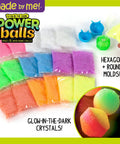 Glow In The Dark Power Balls Diy Stem Kit With 18 Multicolor Crystal Orbs Molds And Instructions Included For Easy Assembly And Bouncy Night Time Fun Tonight. Kit with 18 crystal bags, round and hexagon molds, and sample glow balls.
