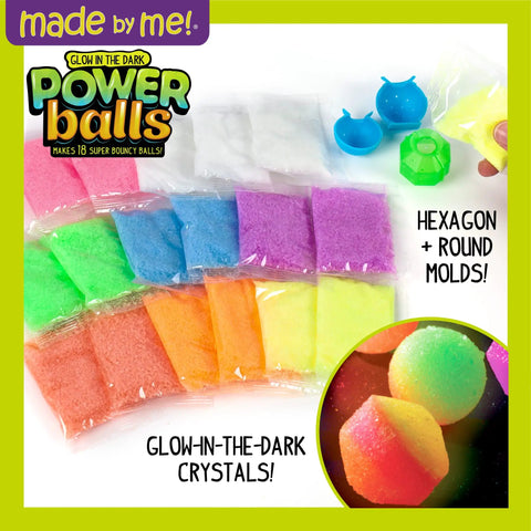 Glow In The Dark Power Balls Diy Stem Kit With 18 Multicolor Crystal Orbs Molds And Instructions Included For Easy Assembly And Bouncy Night Time Fun Tonight. Kit with 18 crystal bags, round and hexagon molds, and sample glow balls.