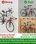 Comparison of wall mount installation methods for a Wall Mount Bike Repair Stand With Telescoping Height From 18.9 to 27.2 Inches, 360 Degree Rotating Clamp For 16 to 29 Inch Bikes, Ultra Stable Mount Rack, DIY Friendly, Supports Up To 66 Lbs, Black. Displays wrong mount on drywall and correct mount on wooden board.