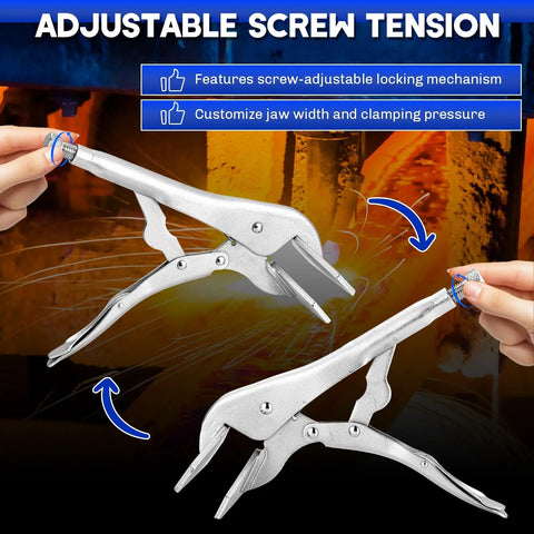 Badass Ten Inch Locking Sheet Metal Clamps Two Pack with adjustable screw tension for custom clamping pressure and jaw width.