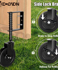 5 Inch Heavy Duty Gate Caster With Side Brake And Spring Loaded Shock Absorption 360 Degree Rotating Wheel in use on wooden gate