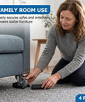 4 Pack Black Rubber Anti Slip Wheel Stoppers Lock Down Rolling Furniture With No Sweat Setup keeps office chairs secure under sofa.