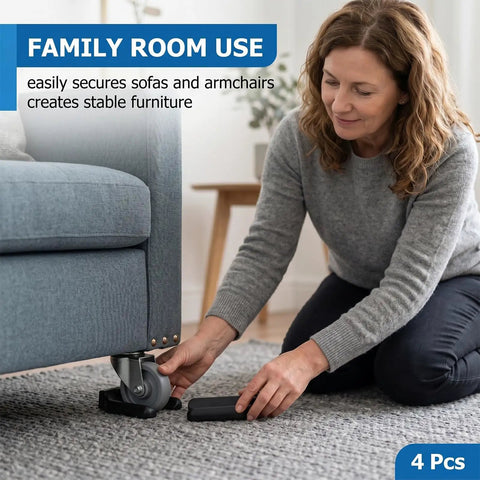 4 Pack Black Rubber Anti Slip Wheel Stoppers Lock Down Rolling Furniture With No Sweat Setup keeps office chairs secure under sofa.