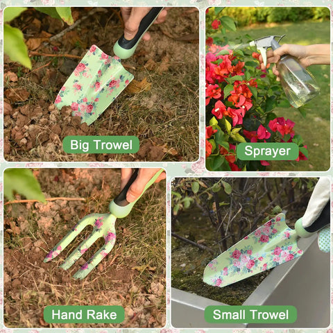 10 Piece Floral Design Garden Tools Set With Tote Bag And Knee Pad Includes Hand Rake Weeder Transplanter Trowel Pruning Shears Garden Trowel Gloves Sprayer For Everyday Garden Maintenance Grab And Go Gift For Mom And Garden Lovers featuring tools in use