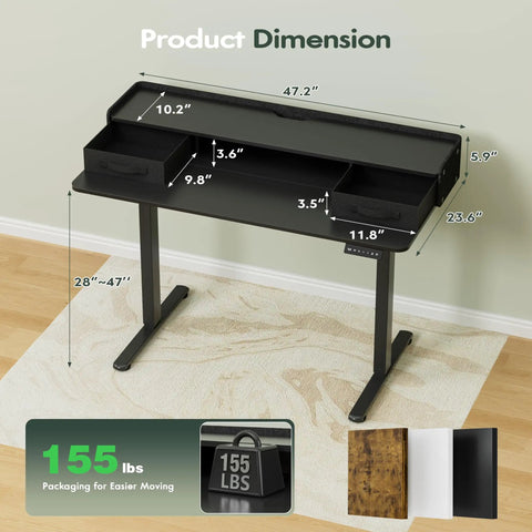 Electric Standing Desk With Two Drawers And Monitor Shelf Adjustable Height Sit Stand Desk With Splice Board Quick Install For Home Office Black 48 Inch Easy Setup Game Changing Organization For Your Workspace showing dimensions
