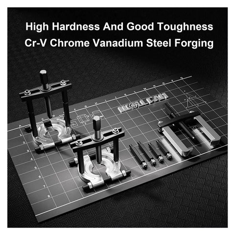 14 Piece Bearing Puller Set 5 Ton Power Handles Wheel Hub Axle Removal With 2 And 3 Inch Adjustable Jaws For Mechanics Storage Box Keeps Safe When Stripping Old Bearings From Cars Or Trucks Gets The Garage Crew Job Done In Short Order Now. Cr-V steel bearing puller kit with adjustable jaws and hub separators on a mat.