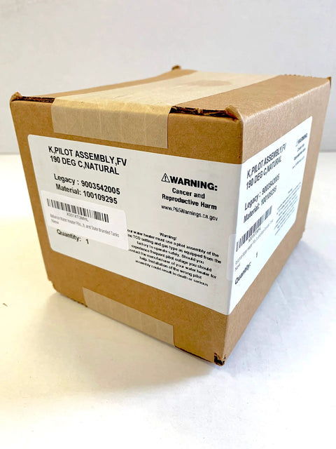 Box of Water Heater Pilot Assembly 100109295 Genuine OEM Replacement For Natural Gas Systems, labeled with warnings and product details