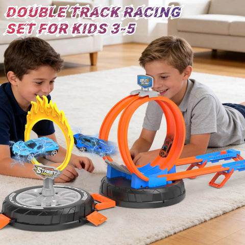 Children playing with Rad Transforming Stunt Tire Race Track Kit For Kids 4 To 8, shown in open play with double spiral loop.