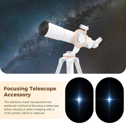Bahtinov Mask For Telescopes FM60mm Focusing Tool mounted on telescope, star diffraction pattern visible, starry sky backdrop