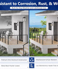 Rock Solid 12 Foot Aluminum Deck Railing Handrail In Matte Black With Rust Proof Powder Coating For Lake Homes And Waterfront Walkways shows deck railing in rain and sunshine.