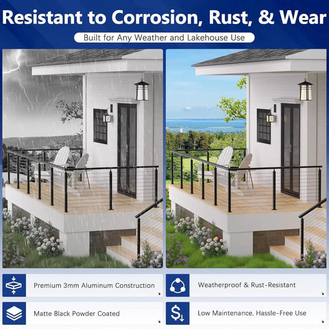Rock Solid 12 Foot Aluminum Deck Railing Handrail In Matte Black With Rust Proof Powder Coating For Lake Homes And Waterfront Walkways shows deck railing in rain and sunshine.