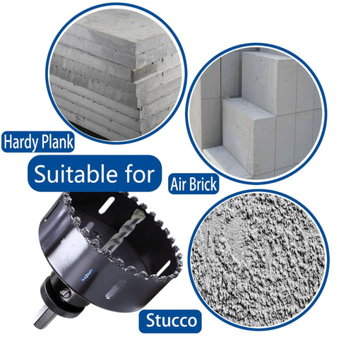 Carbide grit hole saw cutter, 4-1/8 in, PLG2SUPT by Amazon, shown with Hardy Plank, air brick, stucco, drywall