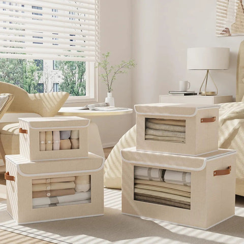 Large Fabric Storage Bins With Lids And Handles 17.7 By 11.8 By 11.8 Inches Clear Front Window See Through Linen Closet Organizer Boxes