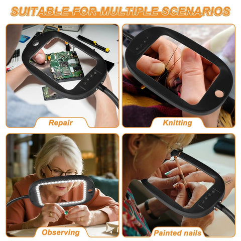 Upgraded 30X And 10X Floor Magnifying Glass With Light And Stand in use for repair, knitting, reading, and painting nails