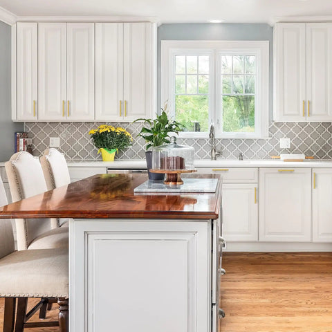 Top Tier Brushed Brass Cabinet Pulls Square Face Design 4 Inch Centers With Solid Mounting Hardware To Guss Up Your Favorite Kitchen Space 30 Hardware Set on white cabinets in modern kitchen.