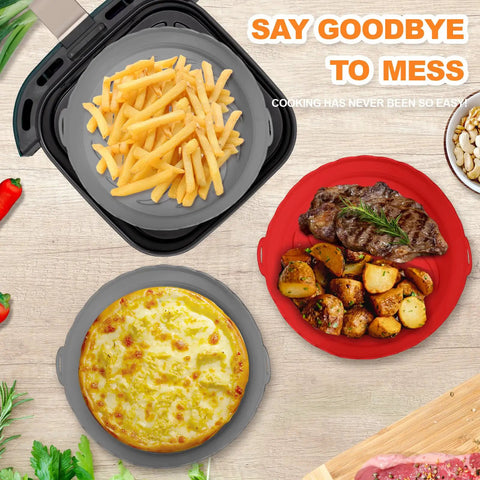 Round Silicone Air Fryer Liners For AF101 Compatible Fryers Reusable Dishwasher Safe Liners To Prevent Burnt Food And Sticky Residue Easy Cleanup And Better Air Frying Experience with fries, steak, vegetables, and pizza shown.