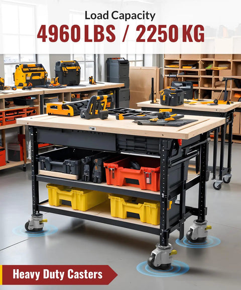 Heavy Duty Retractable Leveling Casters Set Of 4 With Ratchet Handle No Sweat Height Adjust dual M12 stems on workbench.