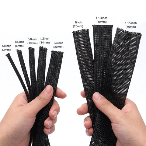 Various sizes of 1 Inch PET Expandable Braided Cable Sleeve, 26 Ft Black Wire Loom displayed in hands.
