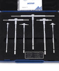 Front view of ACCUD 6-piece telescoping gauge set with satin-chrome finish in blue plastic case