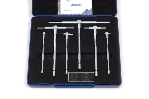 Front view of ACCUD 6-piece telescoping gauge set with satin-chrome finish in blue plastic case