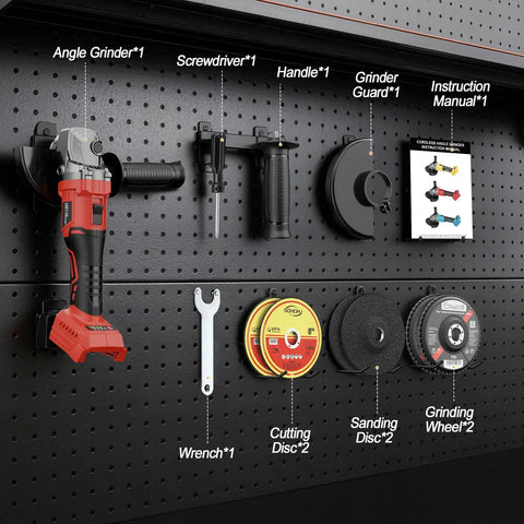 Cordless Angle Grinder With 18V Battery Compatibility, 3-Variable Speed Brushless Motor Up To 8500 RPM, accessories displayed