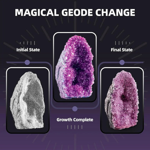 Geodes Growing Science Kit For Kids Ages 6 8 12 With Crystal Growth In 24 Hours showing geode transition from initial to final state