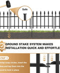 Heavy Duty Decorative Garden Fence Set, 10 Ft Long By 19 In High, 7 Panels, Rustproof Metal Border For Outdoor Yard And Flower Beds, Easy Snap Circle Connections For Quick Setup showing ground stake system and mallet installation process
