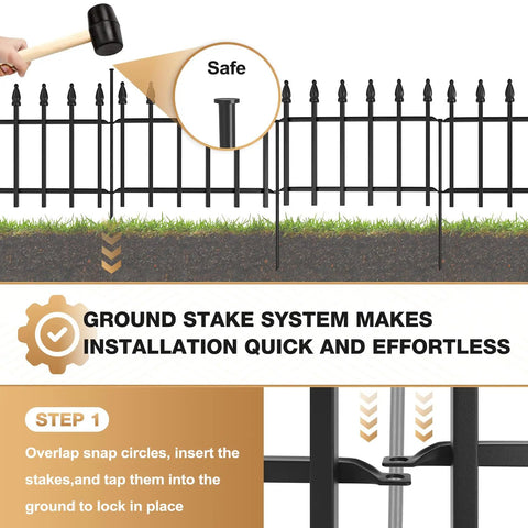 Heavy Duty Decorative Garden Fence Set, 10 Ft Long By 19 In High, 7 Panels, Rustproof Metal Border For Outdoor Yard And Flower Beds, Easy Snap Circle Connections For Quick Setup showing ground stake system and mallet installation process