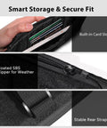 Interior view of a water resistant top tube bike bag showing card slots, SBS zipper, and rear strap for road and mountain bike use.