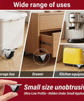 12 Pack Mini Rigid Caster Wheels Low Profile Non Swivel Fixed Casters For Furniture Drawers And Under Bed Storage shown under storage box, drawer, and small appliances.