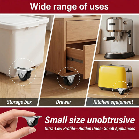 12 Pack Mini Rigid Caster Wheels Low Profile Non Swivel Fixed Casters For Furniture Drawers And Under Bed Storage shown under storage box, drawer, and small appliances.