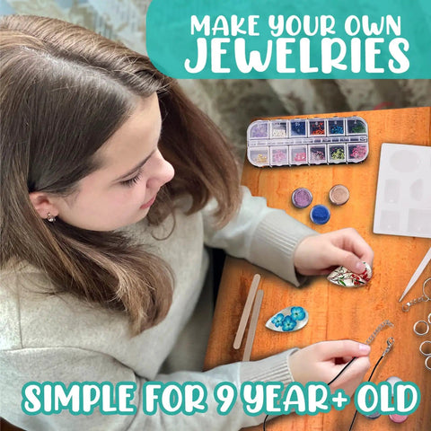 Girl using Resin Jewelry Making Starter Kit For Beginners With Molds And Tools Silicone Casting Molds Clear Epoxy Resin Kit