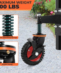 6 Inch Gate Wheels With Brake, 360 Degree Swivel, Spring Loaded Gate Rollers For Metal And Wood Gates, shown installed on a metal frame with a spring and brake mechanism visible.