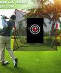 Golfer practicing with Golf Target Hitting Cloth For Backyard Practice, 5 By 4 Feet, Black, Portable And Foldable setup on grass